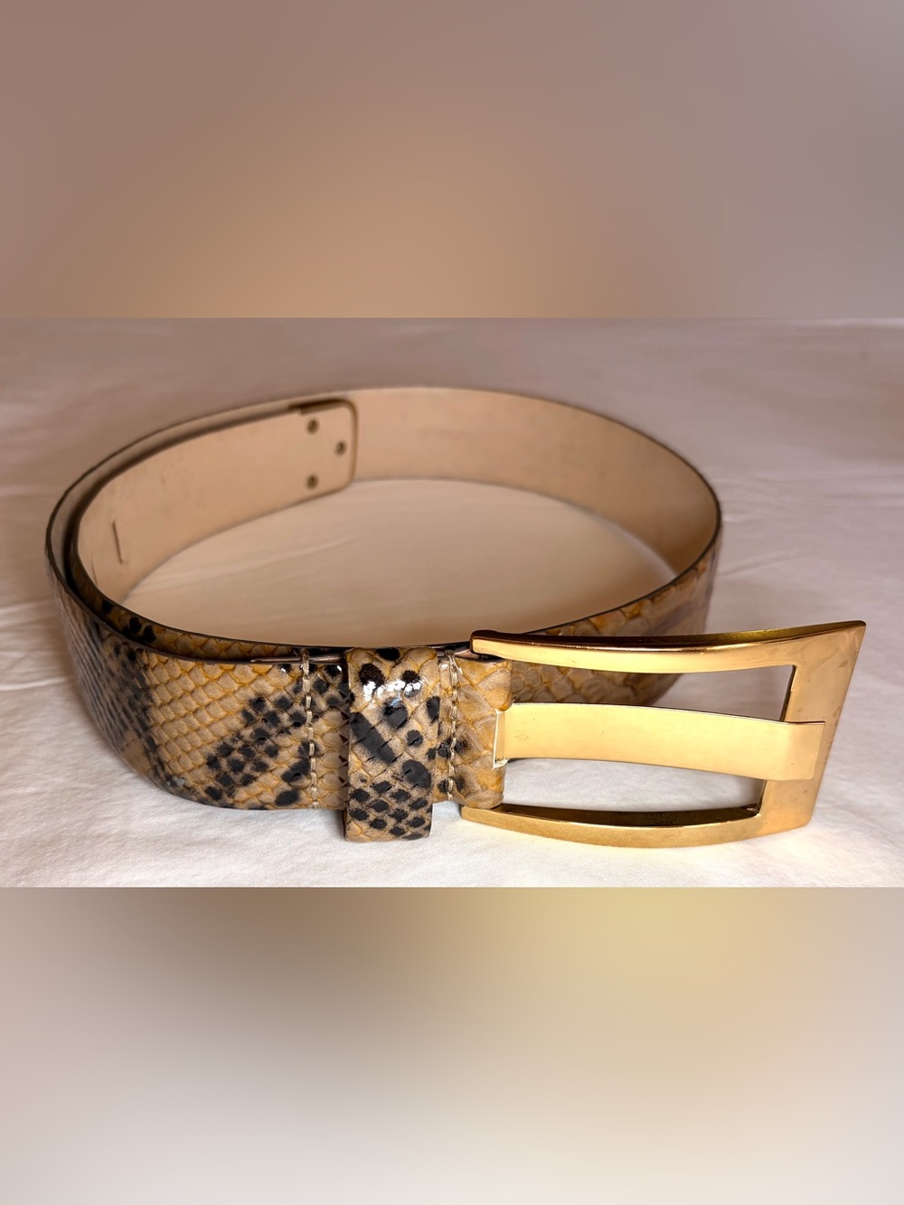 Tarnish Snakeskin Print Genuine Leather Belt Gold Buckle Size M